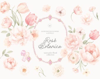 Watercolor Hand painted Floral Collection - Blush Blooms, Bows, Crests, Jewellery