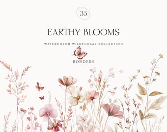 Watercolor Floral Borders: Earthy Wildflower Clipart (PNG, PDF)