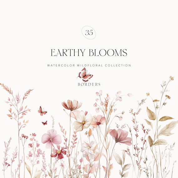 Watercolor Floral Borders: Earthy Wildflower Clipart (PNG, PDF)