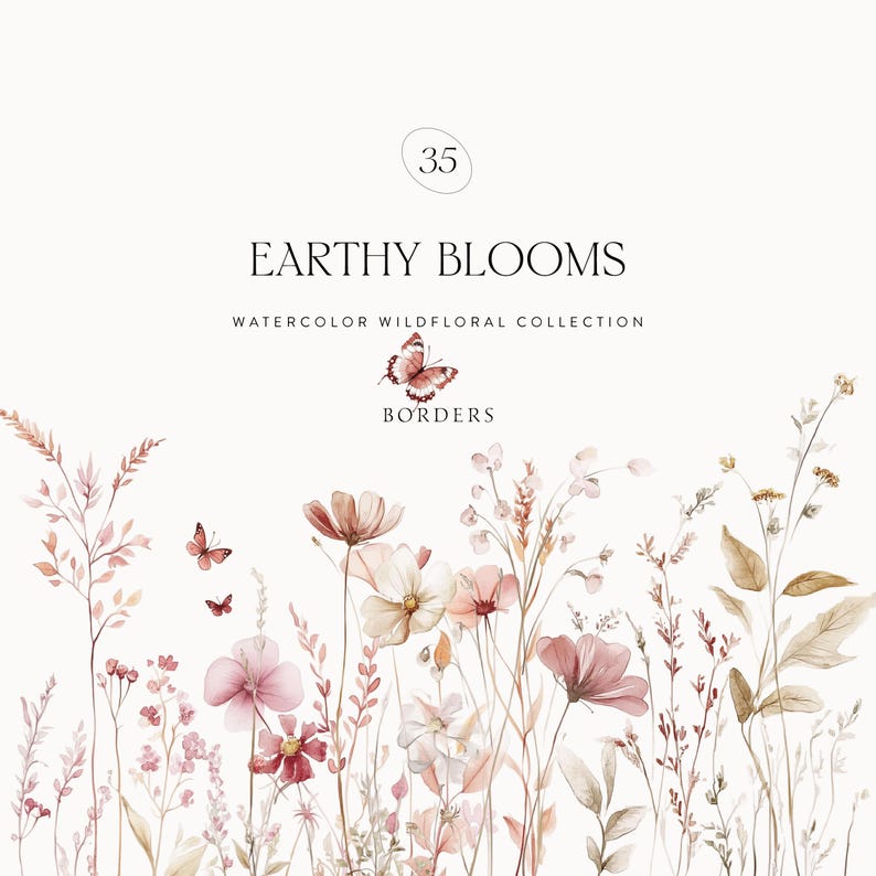 Puede incluir: Ilustraci&oacute;n de acuarela de un borde floral con flores rosas y blancas, hierbas marrones y mariposas. El texto "Earthy Blooms Watercolor Wildfloral Collection Borders" est&aacute; en la parte superior de la imagen.