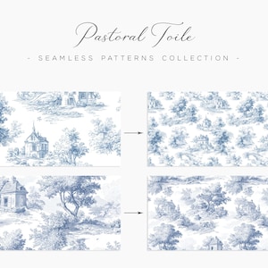 May include: The image showcases a collection of seamless patterns with a pastoral toile design. The patterns feature detailed illustrations of rural landscapes in shades of blue and white, including buildings, trees, and natural elements. The text "Pastoral Toile" and "Seamless Patterns Collection" are displayed.