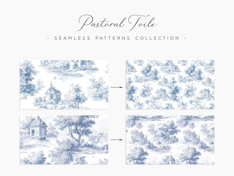 May include: The image showcases a collection of seamless patterns with a pastoral toile design. The patterns feature detailed illustrations of rural landscapes in shades of blue and white, including buildings, trees, and natural elements. The text "Pastoral Toile" and "Seamless Patterns Collection" are displayed.