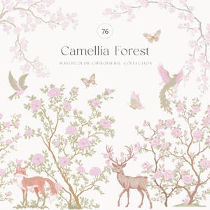 Può includere: Illustrazione ad acquerello con un design Camellia Forest. L'opera presenta fiori rosa, farfalle, uccelli, una volpe e un cervo. È presente anche il testo "Camellia Forest" e "Watercolor Chinoiserie Collection".
