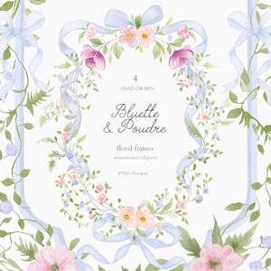 Può includere: Cornici floreali ad acquerello con nastri blu, fiori rosa e viola e foglie verdi. Il testo recita "Bluette & Poudre, floral frames, watercolor clipart, PNG format" e "4 Hand Drawn". Il design è delicato e femminile.