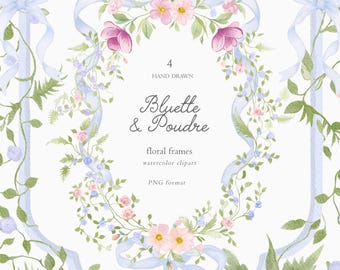 Hand Drawn Pastel Botanical Frames Set with Ribbon Bows