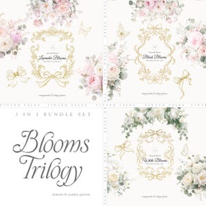 Aquarell Blüten Triologie, 3 in 1, Blush weiß Lavendel Vintage Blumenschmuck, Vintage Gold Motive, Vintage Stil, Hochzeit Clipart