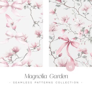 Op de afbeelding: Twee naadloze patroonontwerpen met aquarel illustraties van roze magnoliabloemen, strikken en een vlinder op een lichtgrijze achtergrond. De tekst "Magnolia Garden" en "Seamless Patterns Collection" zijn ook zichtbaar.