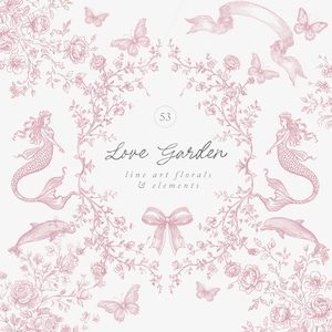 Puede incluir: Ilustración digital con fondo blanco y arte lineal rosa. El diseño presenta elementos florales, mariposas, sirenas, delfines y una cinta. El texto dice "Love Garden" y "line art florals & elements".