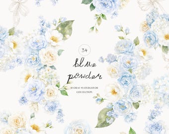 Watercolor Powder Blue Floral Clipart, Romantic Peony & Hydrangea Flower Collection