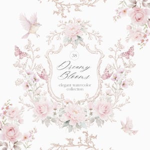 Set di clipart di rose rosa ad acquerello: elementi fai da te, bouquet, stemmi, ghirlande