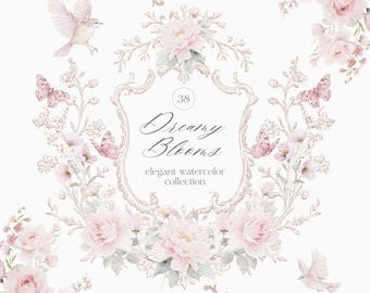 Watercolor Blush Roses Clipart Set: DIY Elements, Bouquets, Crests, Wreaths