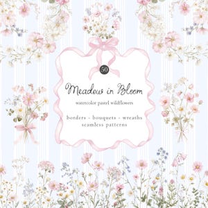 Può includere: Illustrazione ad acquerello con fiori di campo pastello, bouquet, ghirlande e motivi senza cuciture. Il design include uno sfondo a righe azzurre e un nastro rosa. Il testo recita "Meadow in Bloom".