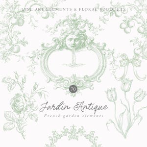 Può includere: Una collezione di elementi di arte lineare e bouquet floreali in una morbida tonalità verde, tra cui rose, tulipani e rami di mele. L'immagine presenta una cornice decorativa con una fontana e il testo "Jardin Antique".