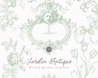 Watercolor Vintage Line Art Clipart: French Garden Elements, Rococo Ornaments (PNG Download, Commercial License Included)