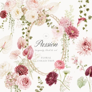 Pode incluir: Um gráfico de coleção floral digital com uma moldura oval dourada rodeada por ilustrações em aguarela de flores bordeaux, blush e vermelhas, incluindo peónias, crisântemos e antúrios. O texto diz 31 Passion burgundy, blush & red FLORAL COLLECTION.