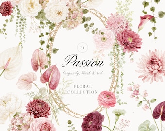 Passion - Romantic Burgundy Floral Watercolor, Wedding Florals, Vintage Botanical Clipart