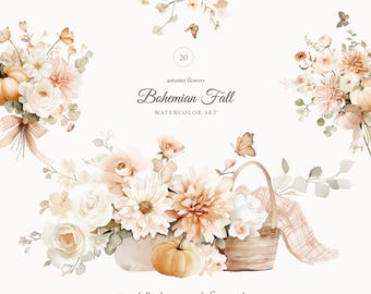 Conjunto de imágenes prediseñadas florales de acuarela boho otoñal: Ramos otoñales (descarga digital)