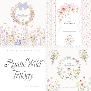 Trilogie sauvage rustique aquarelle, 3 en 1, arrangements de fleurs sauvages, clipart coquette rose, motifs sans couture, clipart mariage