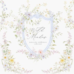 Könnte beinhalten: Aquarellillustration mit einem hellblauen Schild mit den Worten "Wild Meadow" und "watercolor wildflowers collection". Das Schild ist von zarten floralen Arrangements in Pastellfarben umgeben, darunter weiße, gelbe und rosa Blumen mit grünen Blättern.
