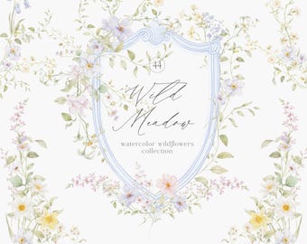 Watercolor Pastel Wildflowers Clipart Set: DIY Floral Elements, Bouquets, Wreaths, Crest, Bows