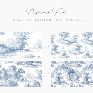 May include: The image showcases a collection of seamless patterns with a pastoral toile design. The patterns feature detailed illustrations of landscapes with trees, buildings, and figures in shades of blue on a white background. The text "Pastoral Toile" is at the top.