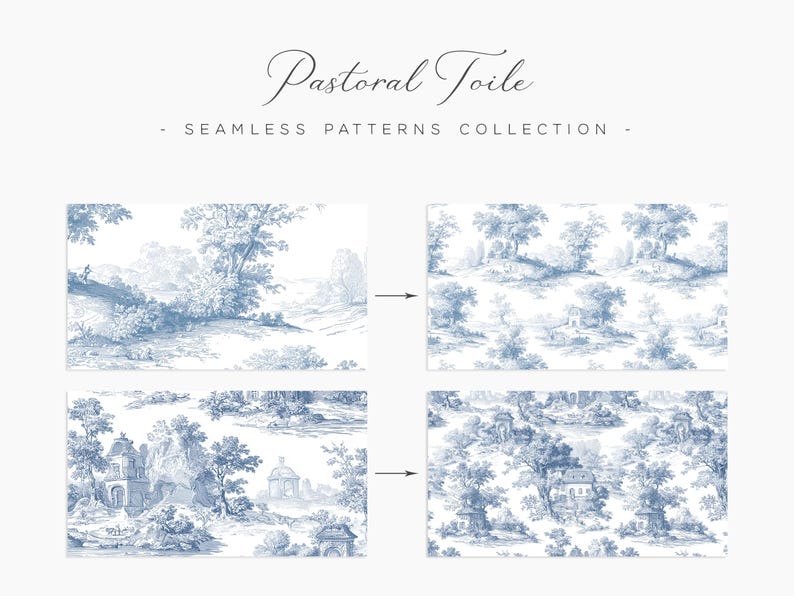 May include: The image showcases a collection of seamless patterns with a pastoral toile design. The patterns feature detailed illustrations of landscapes with trees, buildings, and figures in shades of blue on a white background. The text "Pastoral Toile" is at the top.