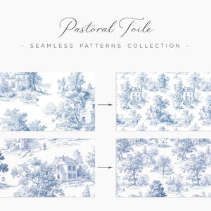 May include: A collection of seamless patterns in a blue and white pastoral toile design. The patterns feature illustrations of houses, trees, and landscapes. The text "Pastoral Toile - Seamless Patterns Collection" is at the top.