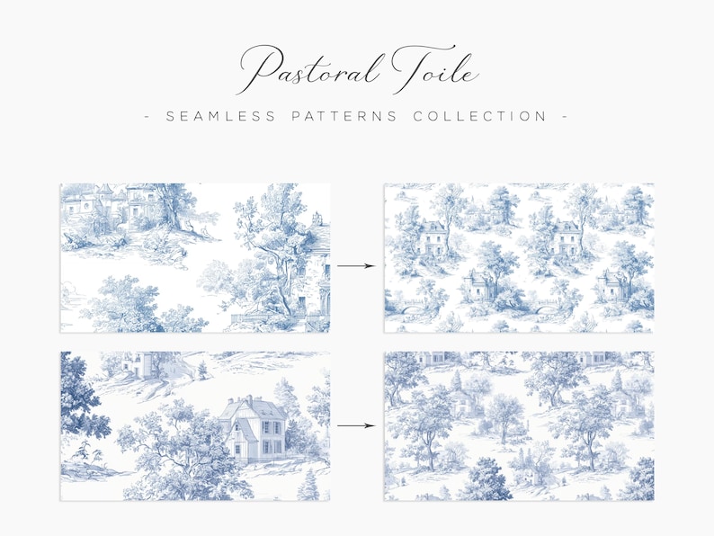 May include: A collection of seamless patterns in a blue and white pastoral toile design. The patterns feature illustrations of houses, trees, and landscapes. The text "Pastoral Toile - Seamless Patterns Collection" is at the top.
