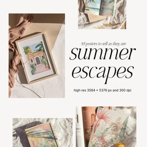 May include: Three framed watercolor illustrations of summer scenes. The first image shows a pink and white building with a green roof and a pink door. The second image shows a beach scene with a palm tree and blue water. The third image shows a tropical scene with lush green foliage and pink flowers.