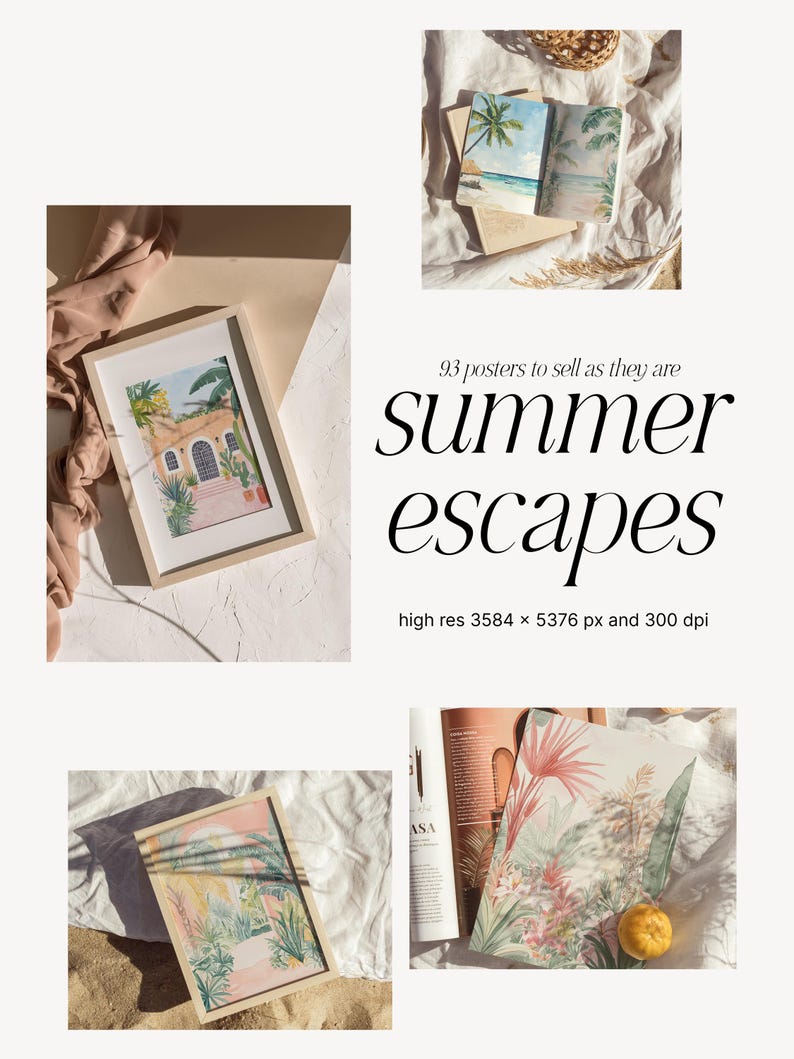 May include: Three framed watercolor illustrations of summer scenes. The first image shows a pink and white building with a green roof and a pink door. The second image shows a beach scene with a palm tree and blue water. The third image shows a tropical scene with lush green foliage and pink flowers.