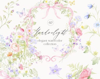 Watercolor Pastel Wildflowers Clipart Set: DIY Floral Elements, Bouquets, Wreaths, Crest, Ribbon Bow