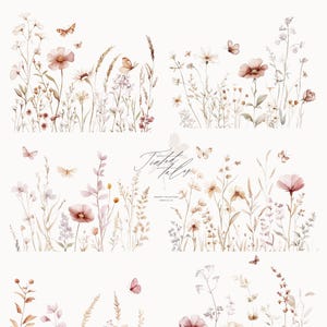 Puede incluir: Un conjunto de cuatro ilustraciones de acuarela que representan delicadas flores silvestres en tonos de rosa, marr&oacute;n y blanco. Las ilustraciones incluyen mariposas y hierbas, creando una est&eacute;tica caprichosa y terrosa.