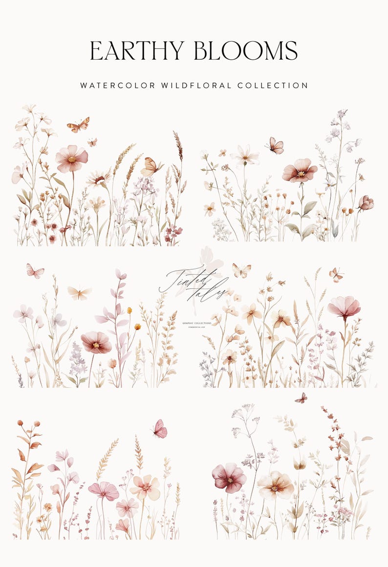 Puede incluir: Un conjunto de cuatro ilustraciones de acuarela que representan delicadas flores silvestres en tonos de rosa, marr&oacute;n y blanco. Las ilustraciones incluyen mariposas y hierbas, creando una est&eacute;tica caprichosa y terrosa.