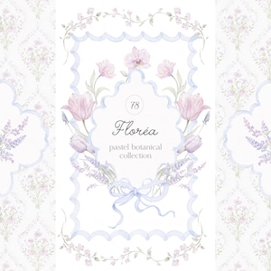 May include: Watercolor illustration with a pastel botanical theme. The design features a central frame with pink tulips, lavender, and a blue ribbon. The text "Flor&eacute;a pastel botanical collection" is displayed within the frame.