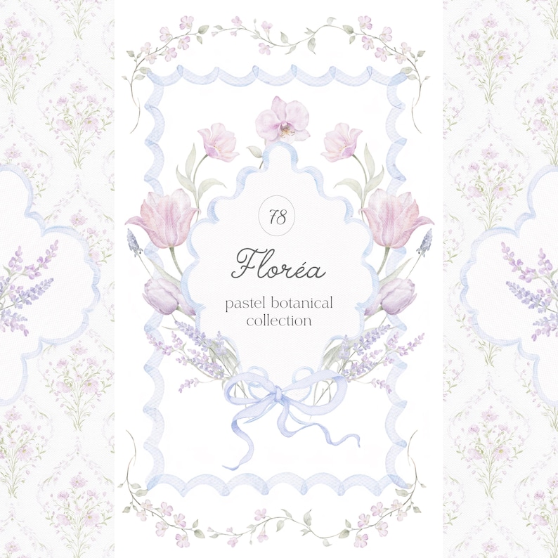May include: Watercolor illustration with a pastel botanical theme. The design features a central frame with pink tulips, lavender, and a blue ribbon. The text "Flor&eacute;a pastel botanical collection" is displayed within the frame.