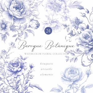 Aquarell Barock Blumensammlung, Blaue Chinoiserie, Blumensträuße, Kränze, Vintage Stil, Blaue Blumen, Botanische Clipart