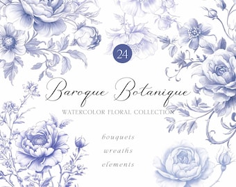 May include: A collection of 24 watercolor floral illustrations in shades of blue. The illustrations include bouquets, wreaths, and individual elements. The text "Baroque Botanique Watercolor Floral Collection" is displayed in the center of the image.