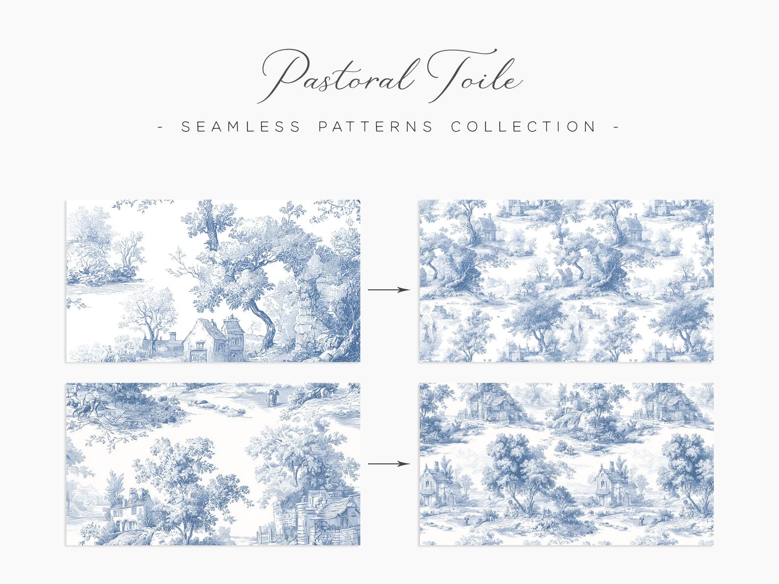 Ink Blue Toile De Jouy Seamless Patterns: French Vintage Floral (JPG ...