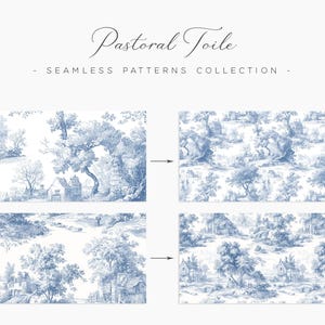 May include: A collection of seamless patterns with a pastoral toile design. The patterns feature detailed illustrations of landscapes with trees, houses, and figures in a blue and white color scheme. The text "Pastoral Toile" and "Seamless Patterns Collection" are displayed.