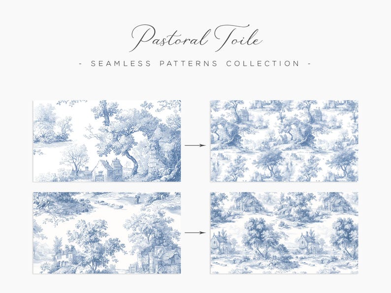May include: A collection of seamless patterns with a pastoral toile design. The patterns feature detailed illustrations of landscapes with trees, houses, and figures in a blue and white color scheme. The text "Pastoral Toile" and "Seamless Patterns Collection" are displayed.