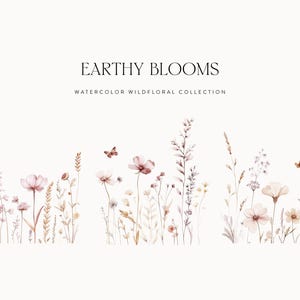 Puede incluir: Ilustraci&oacute;n de acuarela de una colecci&oacute;n de flores silvestres y mariposas en tonos rosa, marr&oacute;n y blanco. El texto "Earthy Blooms Watercolor Wildfloral Collection" est&aacute; en la parte superior de la imagen.