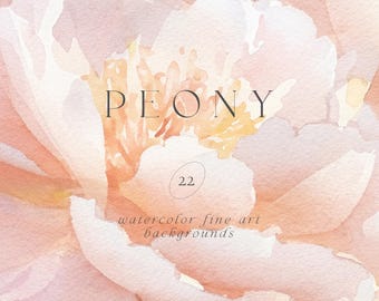 Pode incluir: Uma pintura em aquarela de uma flor de peônia rosa. A flor está em foco, e o fundo está desfocado. O texto "PEONY" e "watercolor fine art backgrounds" está escrito na imagem.