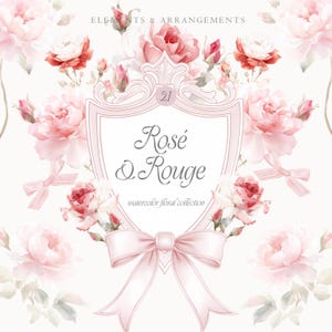 Clipart floral de acuarela, elementos florales, rosas rosa ruborizadas, rosas rojas vintage, crestas de rosas, clipart de coqueta ruborizada, rosas vintage