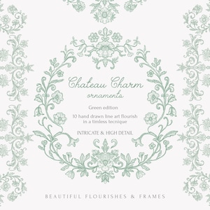 May include: A digital illustration featuring a circular floral design with the text "Chateau Charm ornaments". The design is in a soft green color, with the words "Green edition" and "Beautiful flourishes & frames".