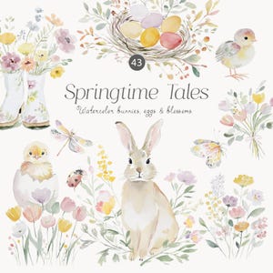 Könnte beinhalten: Aquarellillustration mit dem Text "Springtime Tales". Das Bild zeigt ein Kaninchen, Küken, Eier in einem Nest, Blumen und einen Schmetterling. Die Farbpalette umfasst sanfte Pastelltöne in Gelb, Rosa und Grün, die ein Frühlingsmotiv hervorrufen.