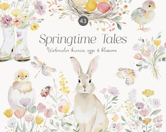 Springtime Watercolor Easter Set: Wildflowers, Bunnies, Baby Chicks, Spring Compositions