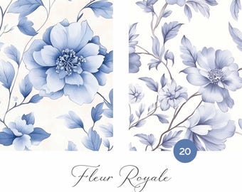 Blue Floral Watercolor Seamless Patterns: Vintage Digital Paper (JPG)