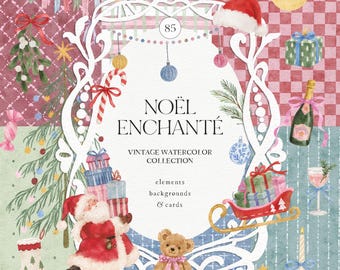 Vintage Christmas Watercolor Clipart, Whimsical Holiday PNG, Retro Christmas Frames, Cards & Digital Papers