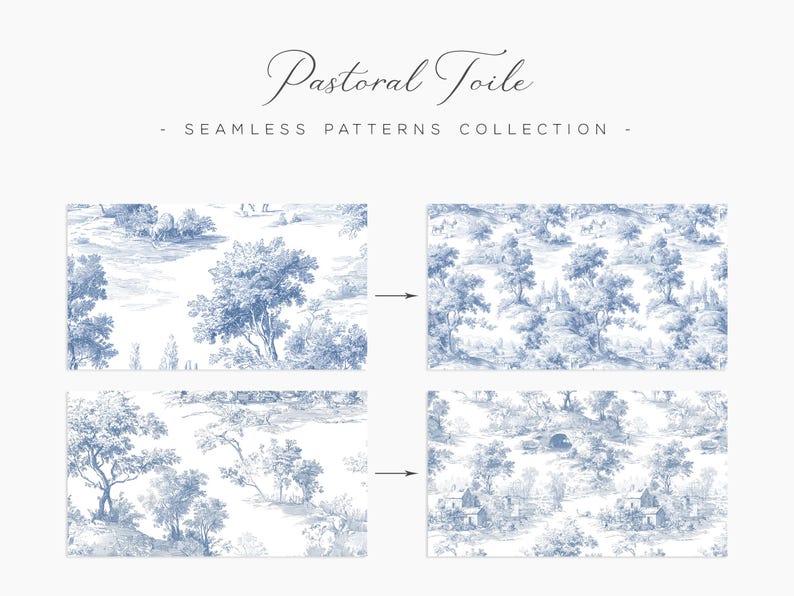 May include: Pastoral Toile seamless patterns collection. The image shows four blue and white patterns with a classic toile de Jouy design. Each pattern depicts a rural landscape with trees, buildings, and figures.