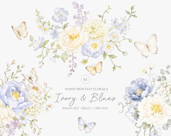 Watercolor Floral Clipart: Ivory and Blue Flowers DIY Elements, Bouquets (PNG)